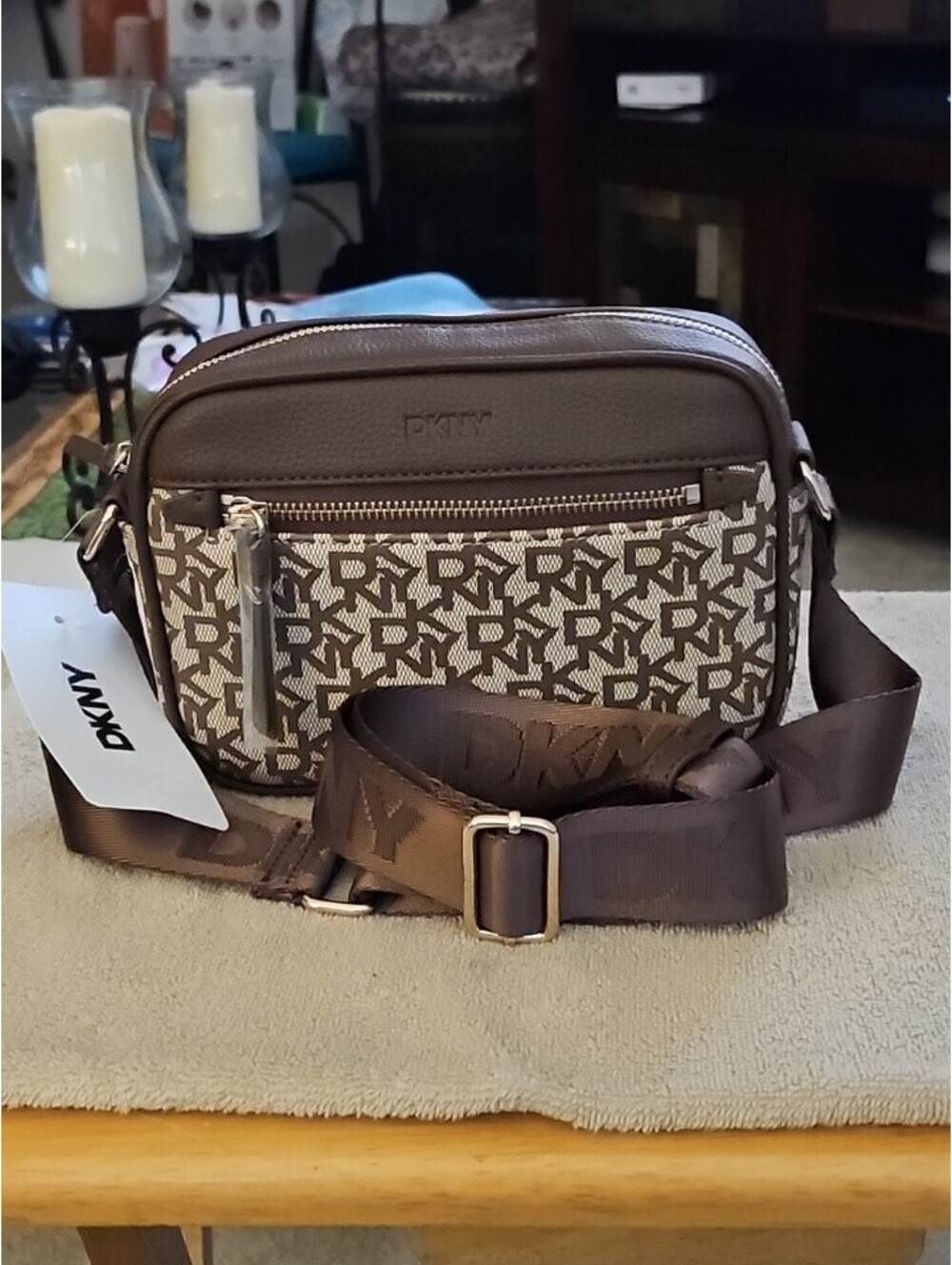DKNY Logo Crossbody Camera Bag Brown Monogram Adjustable Strap NWT Designer Purs